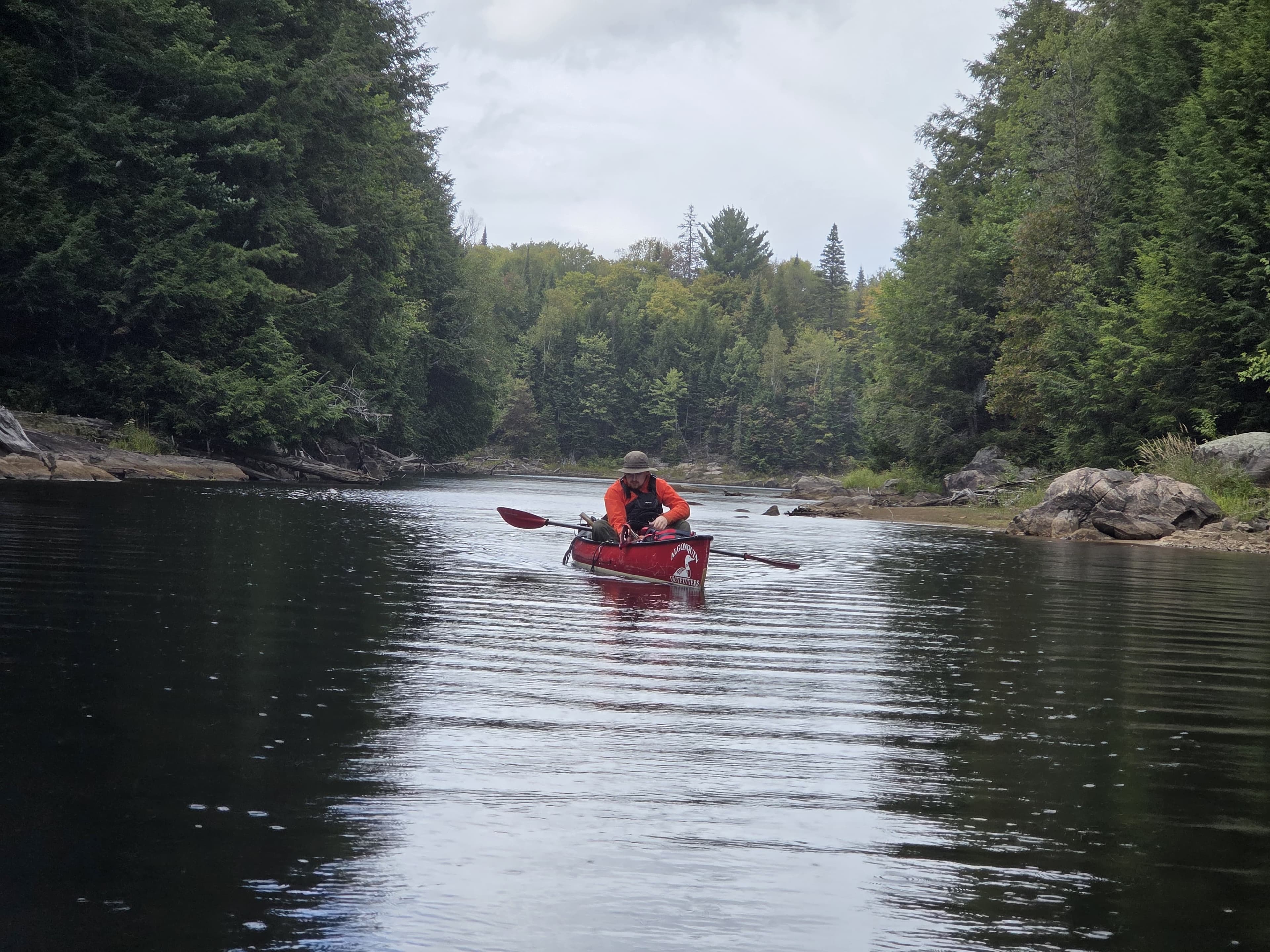 Paddling during a 5-day canoe trip in Algonquin Provincial Park, Canada.